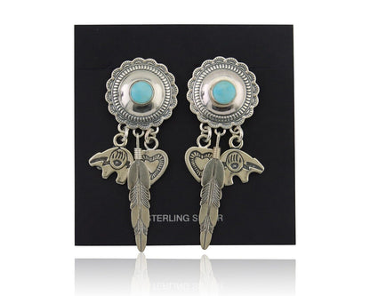 Navajo Concho Dangle Bear Feather Heart Earrings 925 Silver Natural Turquoise