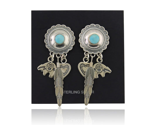 Navajo Concho Dangle Bear Feather Heart Earrings 925 Silver Natural Turquoise
