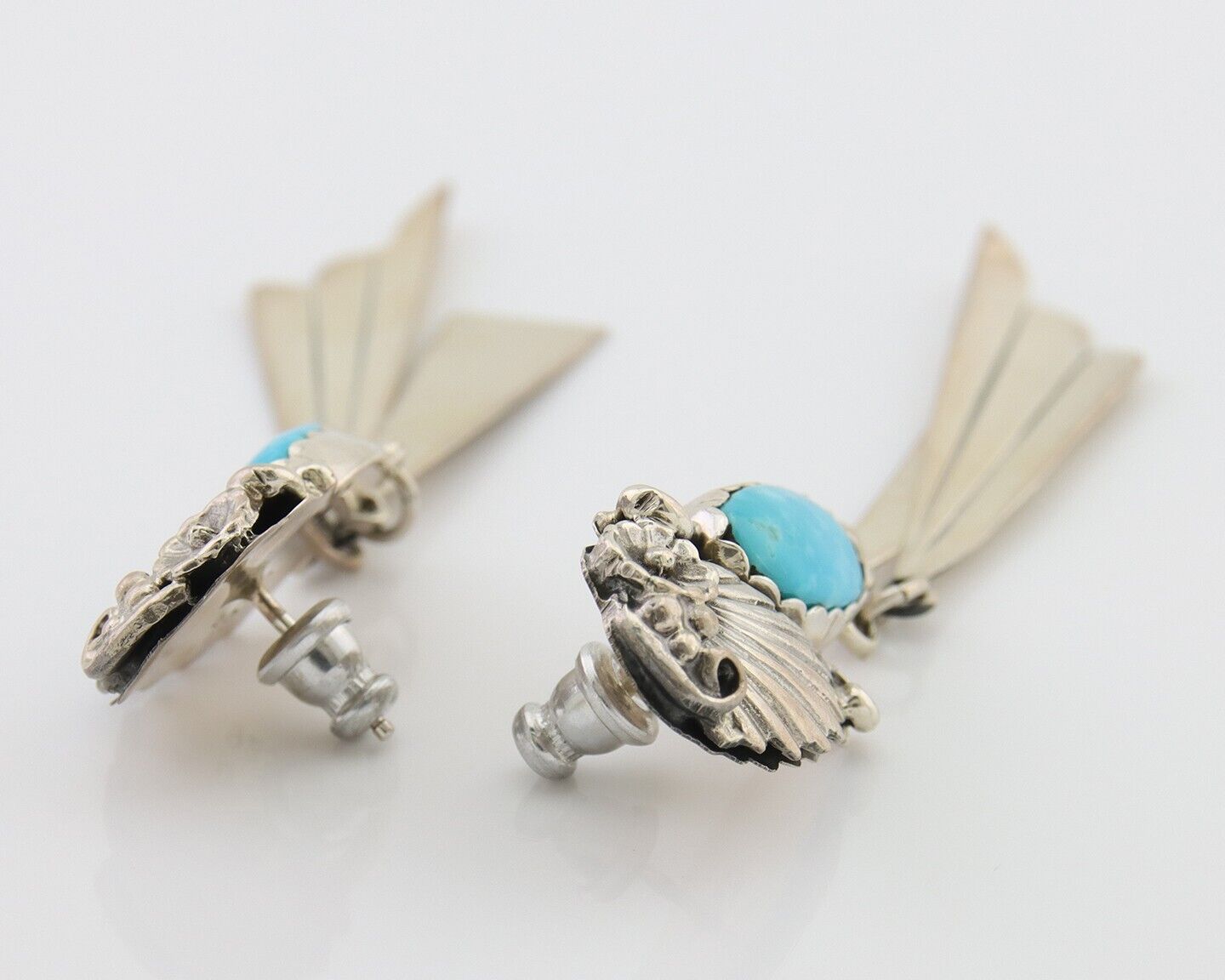 Navajo Dangle Earrings 925 Silver Natural Blue Turquoise Artist Signed M.S. C80s