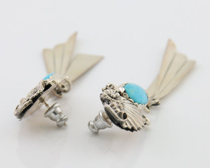 Navajo Dangle Earrings 925 Silver Natural Blue Turquoise Artist Signed M.S. C80s