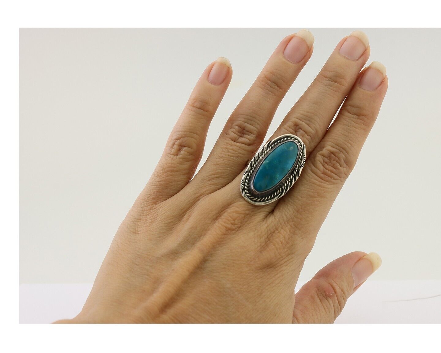 Navajo Ring 925 Silver Kingman Turquoise Native American Artist C.80's