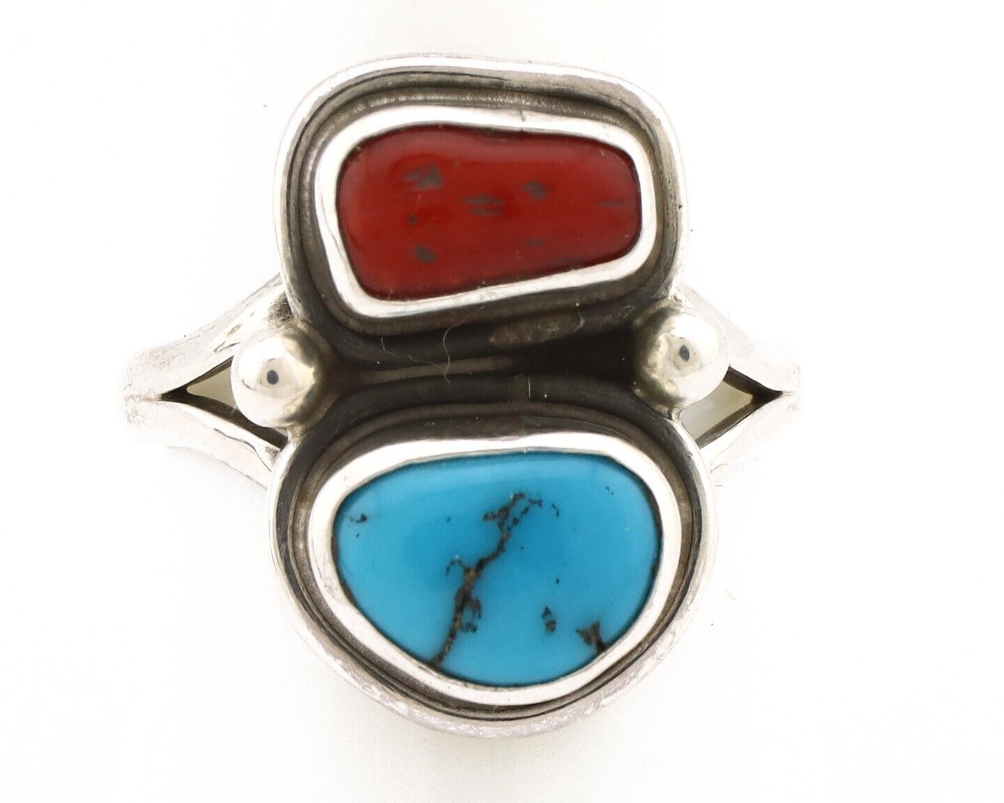 Navajo Ring 925 Silver SB Turquoise & Red Coral Native American Artist C.80s