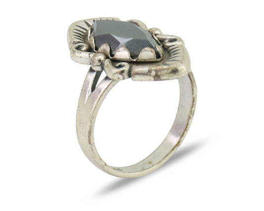 Navajo Hematite Ring 925 Silver Artist Signed Hanging Arrow Size 7.5 C.80's