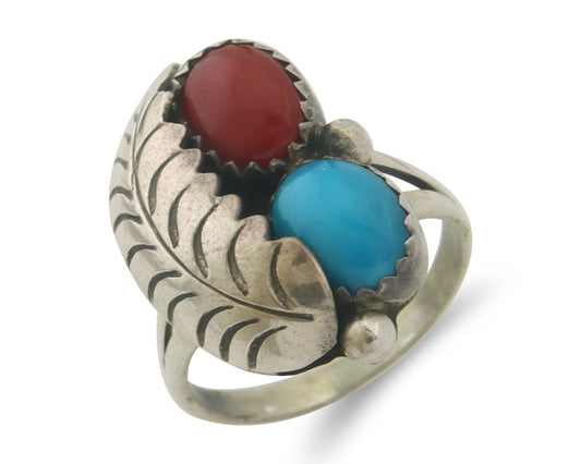 Navajo Ring 925 Sterling Natural Coral & Turquoise Signed BB C.80's Size 5.25