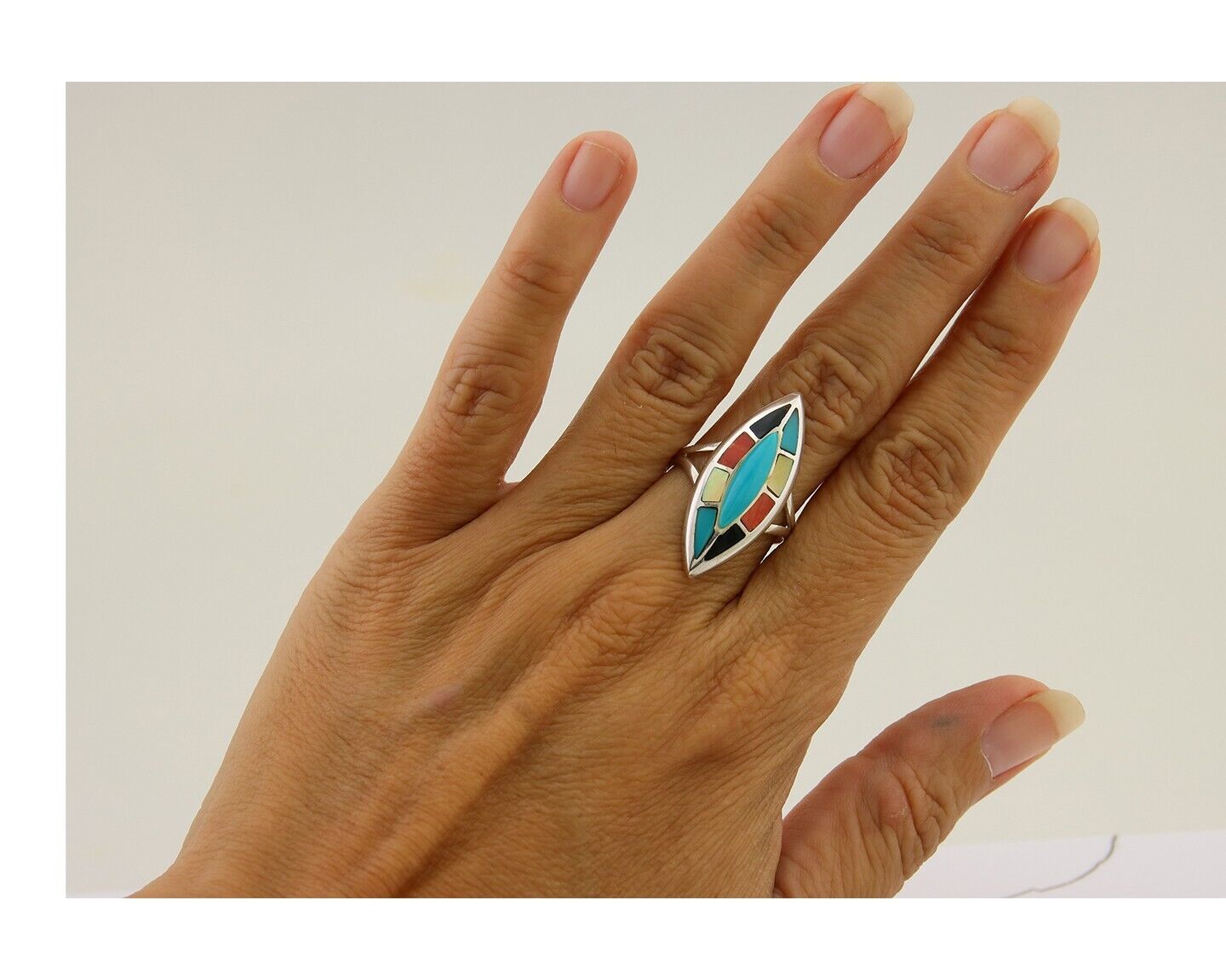 Navajo Ring 925 Silver Turquoise Shell Onyx Spiney Oyster Native Artist C.80's