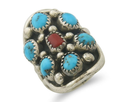 Navajo Ring 925 Sterling Natural Coral & Turquoise Signed EH C.80's Size 5.75