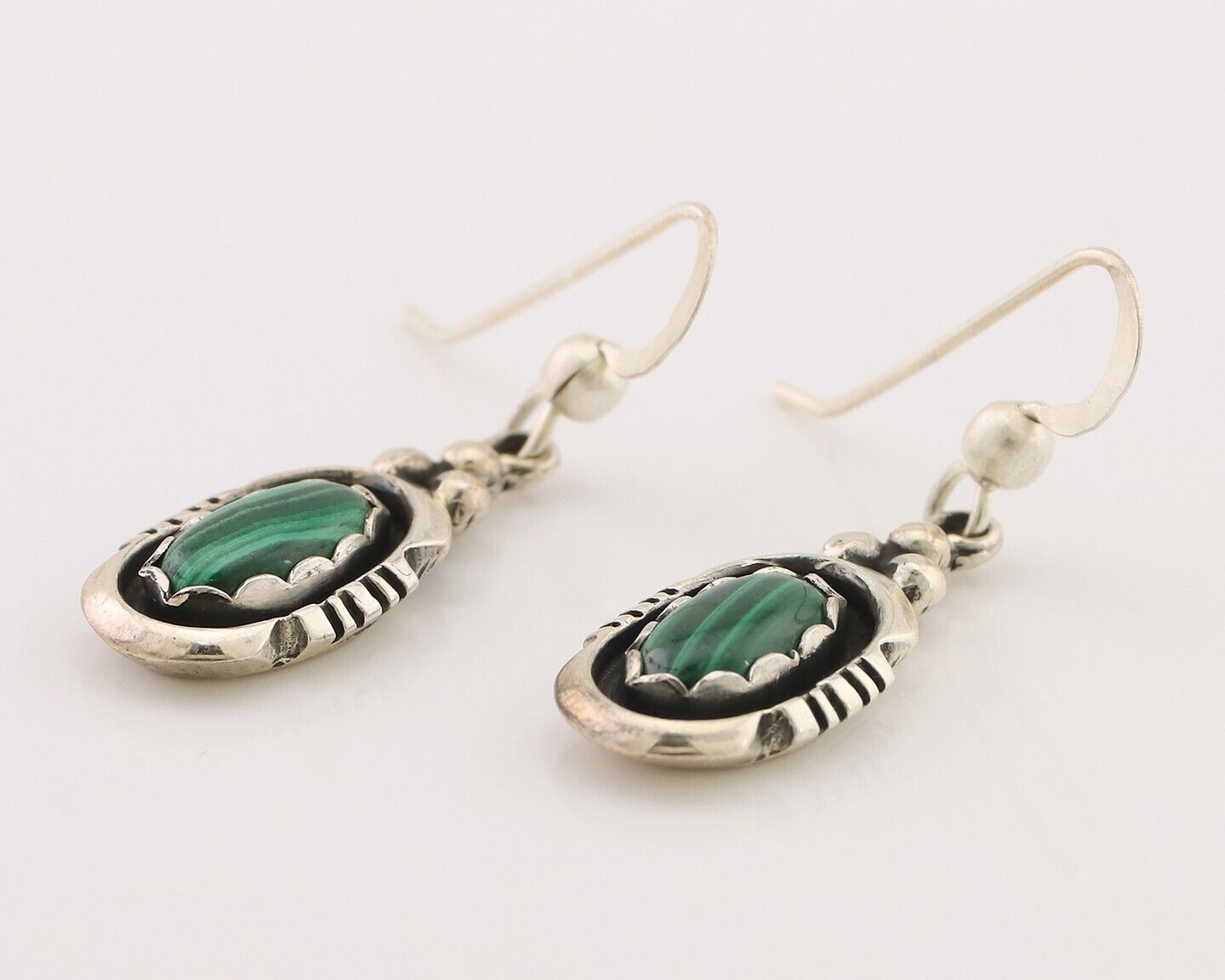 Navajo Dangle Earrings 925 Silver Natural Malachite Native American Artist C.80s