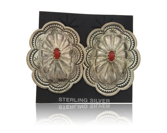 Navajo Earrings 925 Silver Natural Coral Native American Artist C.80's