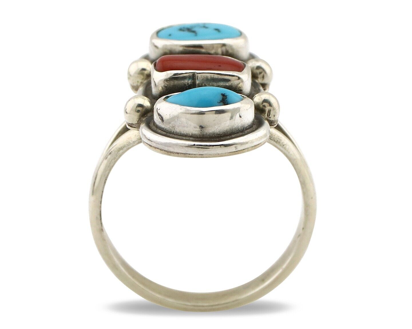 Navajo Ring 925 Silver Sleeping B Turquoise & Coral Native American Artist C.80s