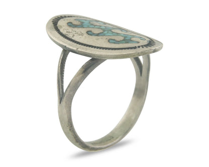Navajo Ring 925 Sterling Natural Chip Inlay Blue Turquoise C.80's Size 7.0