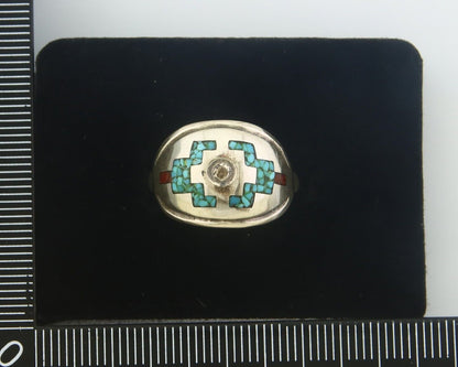 Navajo Ring 925 Sterling Natural Chip Inlay Coral & Turquoise C.80's Sz 8.0