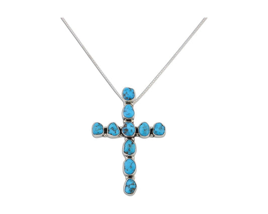 Navajo Cross Necklace 925 Silver Blue Turquoise Signed Native American C.80's