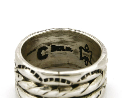Navajo Ring .925 Silver Handmade Hand Stamped 3 Row Rope Band C.1980's Size 5.0