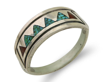Navajo Handmade Ring 925 Silver Coral & Turquoise Signed SC C.80's