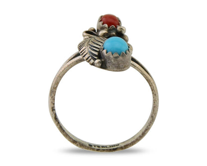 Navajo Handmade Ring 925 Silver Turquoise & Coral Native Artist C.80's