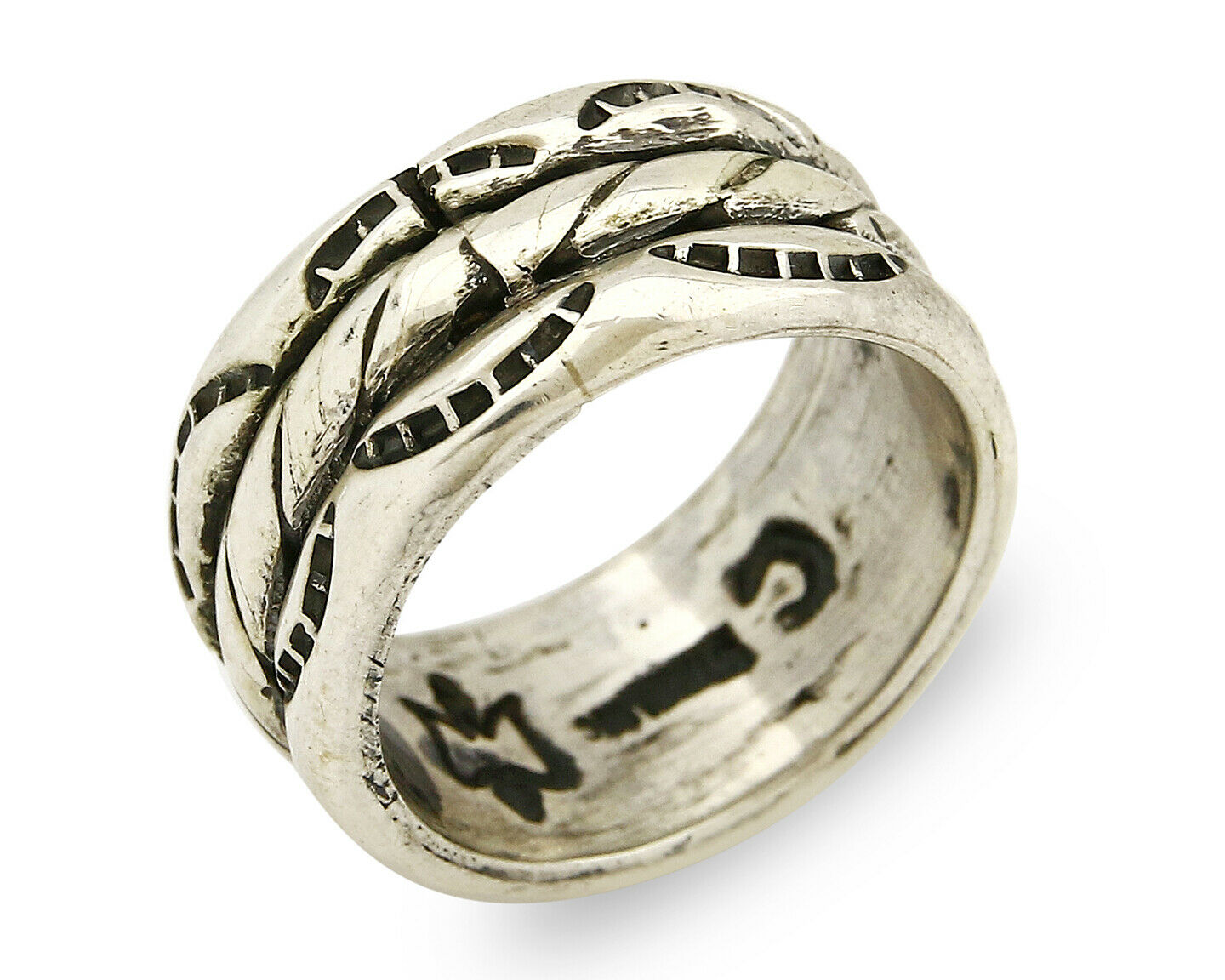 Navajo Ring .925 Silver Handmade Hand Stamped 3 Row Rope Band C.1980s Size 4.75