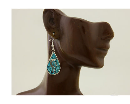 Navajo Kokopelli Earrings 999 Nickel Chip Inlay Turquoise Coral Native American