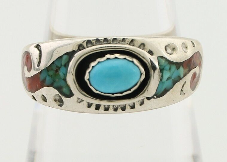 Navajo Ring 925 Silver Turquoise & Coral Natural American Artist C.80's