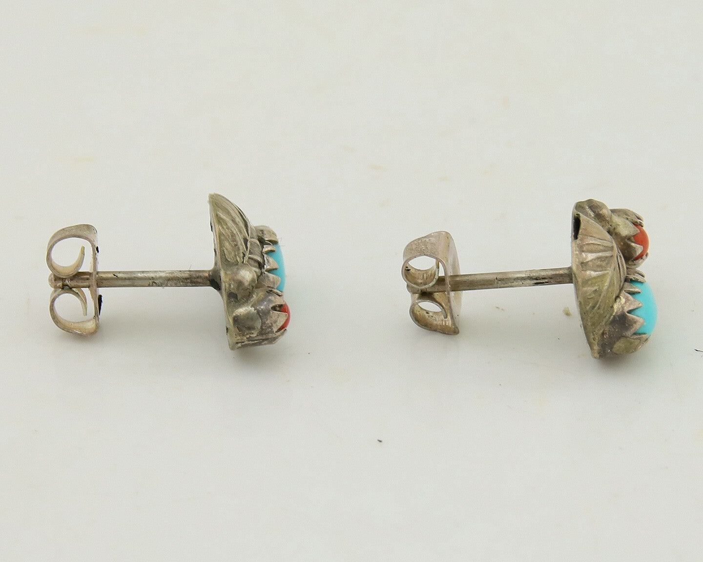 Navajo Earrings 925 Silver Natural Coral & Turquoise Native Artist C.80's