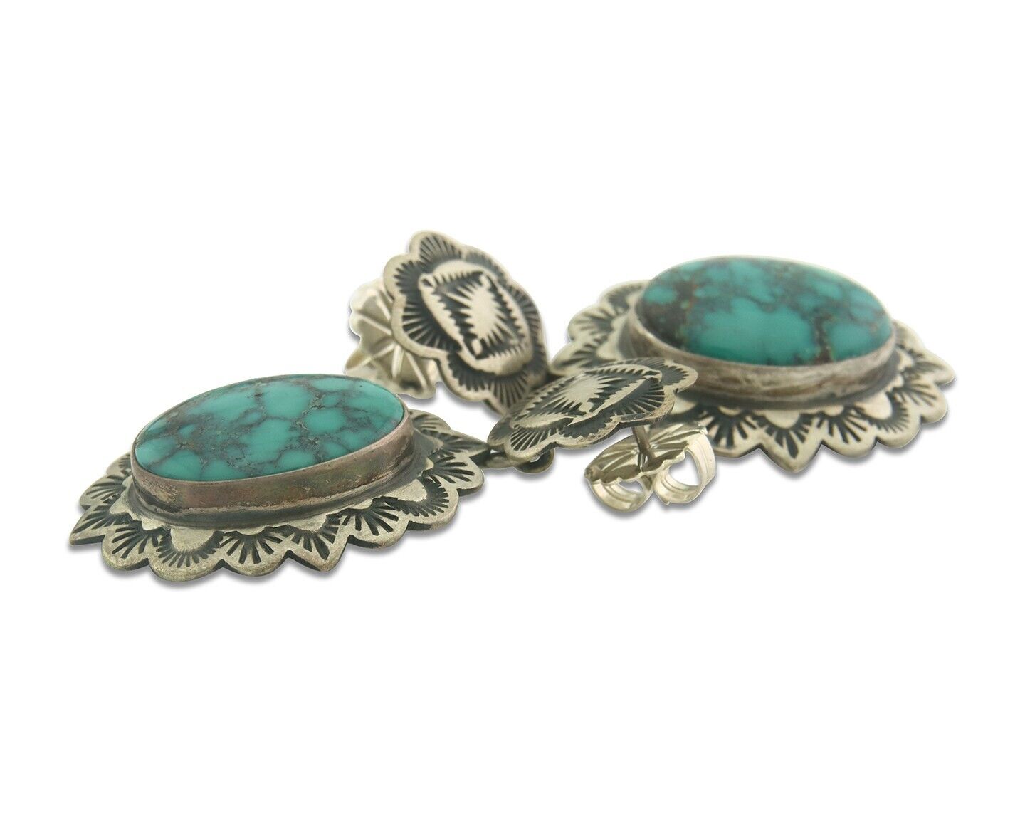 Navajo Earrings 925 Silver Concho Turquoise Native Artist Signed Ikee & DeChelly