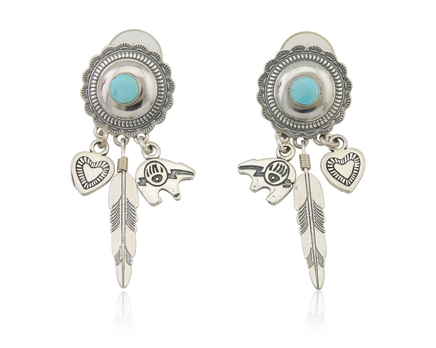 Navajo Concho Dangle Bear Feather Heart Earrings 925 Silver Natural Turquoise