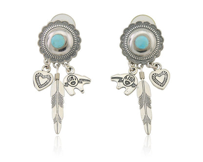 Navajo Concho Dangle Bear Feather Heart Earrings 925 Silver Natural Turquoise