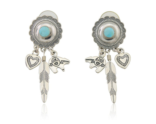 Navajo Concho Dangle Bear Feather Heart Earrings 925 Silver Natural Turquoise