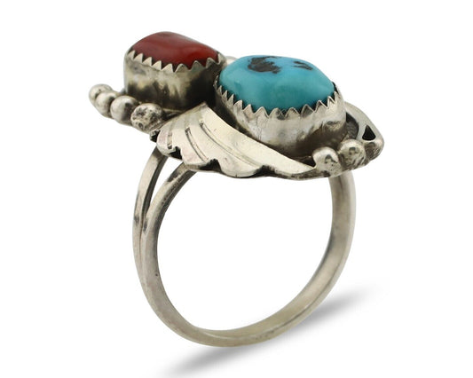 Navajo Ring .925 Silver Turquoise & Coral Artist Signed Justin Morris C.80's