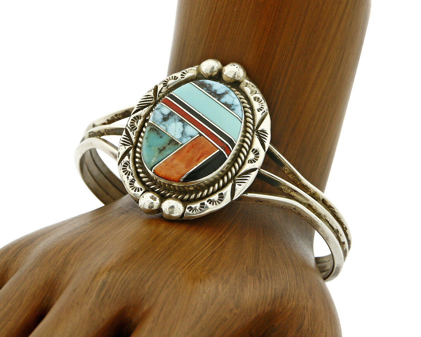 Navajo Gemstone Inlay Handmade .925 Silver Stamped Cuff