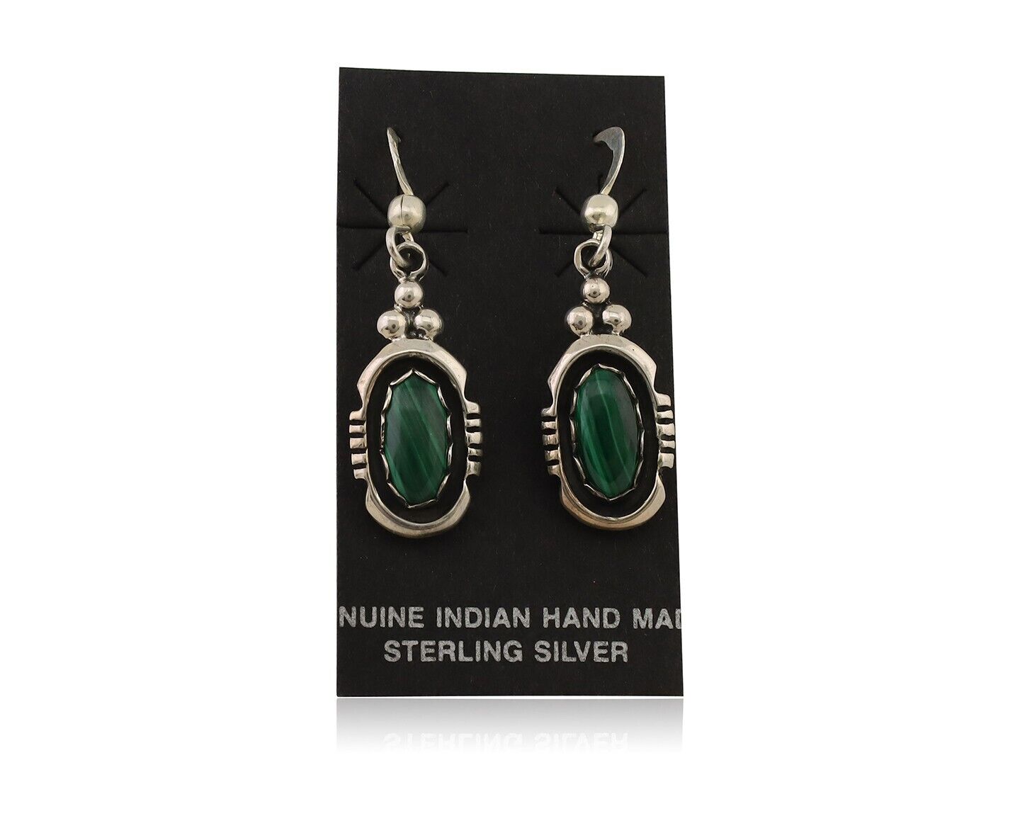 Navajo Dangle Earrings 925 Silver Natural Malachite Native American Artist C.80s