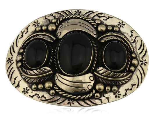 Navajo Handmade Belt Buckle .999 Nickle Silver Onyx Artist Signed Tipi C.80's