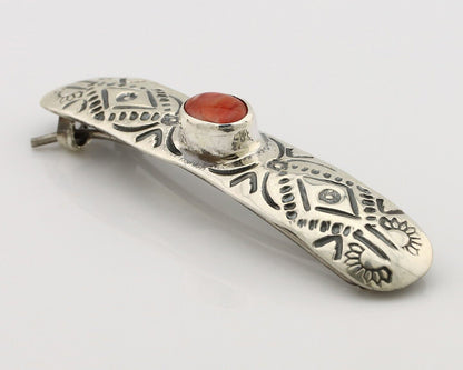 Women Navajo Hair Clip Barrette 925 Silver White Red Spiney Oyster Native Artist