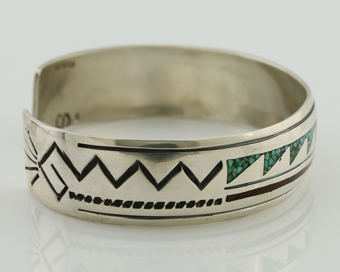 Navajo Inlay Bracelet 925 Silver Turquoise & Coral Signed Stanely Bain C.80's