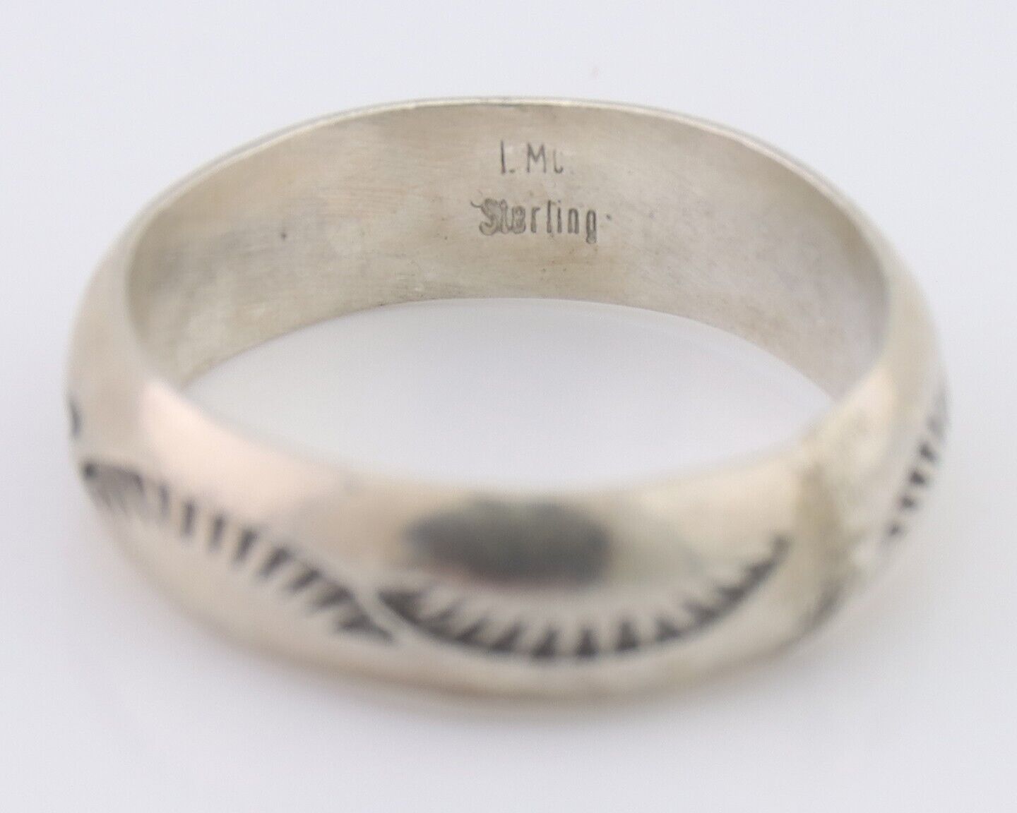 Navajo Hand Stamped Band 925 Silver 6.0 mm Signed Larry Chavez Size 9.0 C.80's