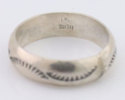Navajo Hand Stamped Band 925 Silver 6.0 mm Signed Larry Chavez Size 9.0 C.80's