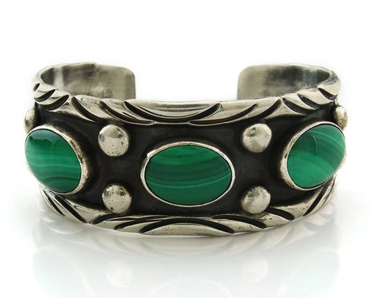 Men Navajo Cuff Bracelet Sterling Silver Malachite Vintage Signed C Montoya