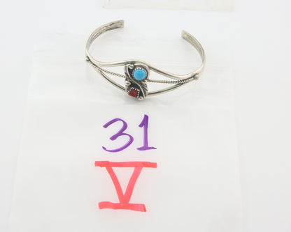 Navajo Bracelet 925 Silver Coral & Turquoise Cuff Signed Running Bear C.80's