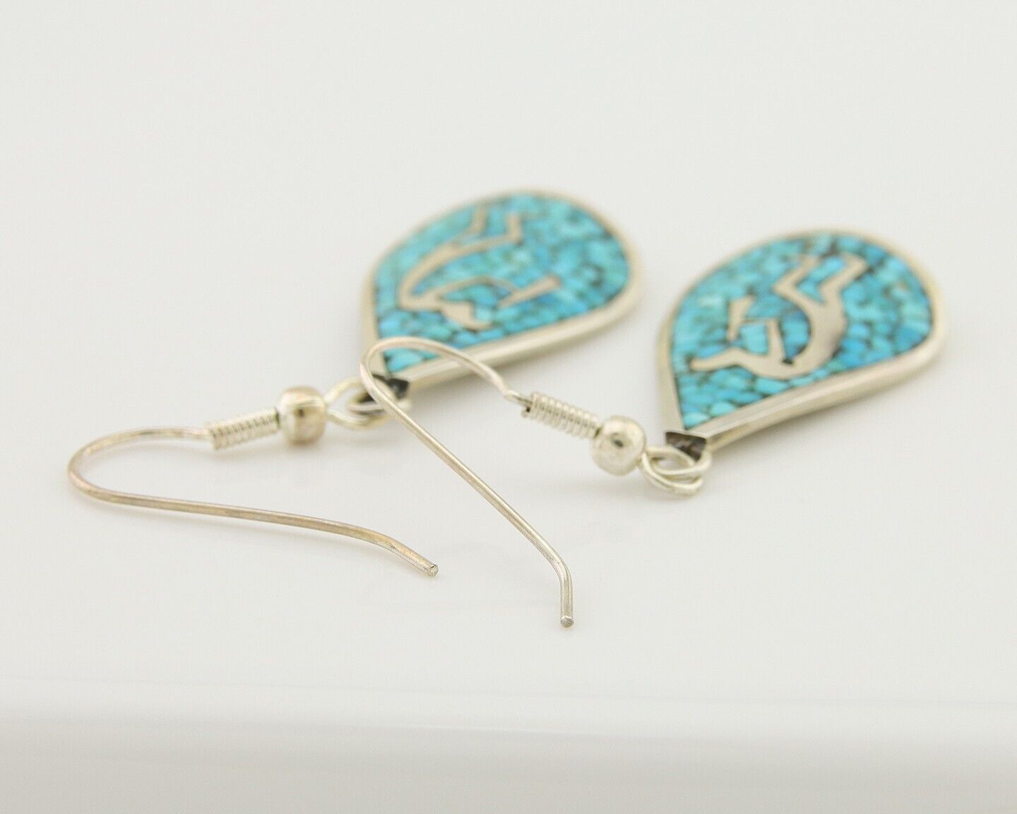 Navajo Kokopelli Earrings 999 Nickel Chip Inlay Turquoise Coral Native American