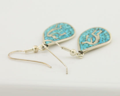 Navajo Kokopelli Earrings 999 Nickel Chip Inlay Turquoise Coral Native American
