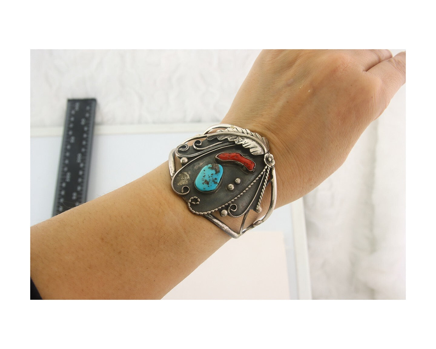 Navajo Bracelet 925 Silver Inlaid Coral & Turquoise Cuff Artist Signed CJ C.80's