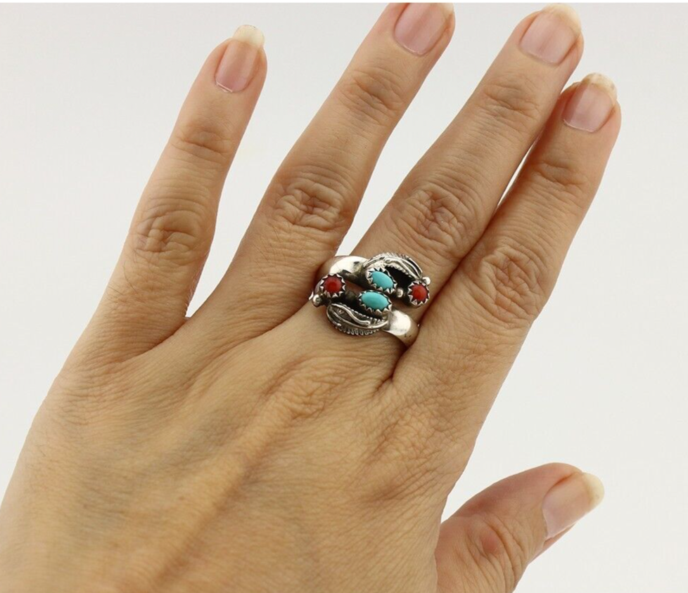 Navajo Adjustable Ring 925 Silver Turquiose & Coral Native Artist C.80's