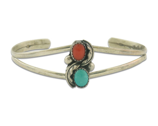 Vintage Navajo Bracelet 925 Silver Coral & Turquoise Native American Artist C80s