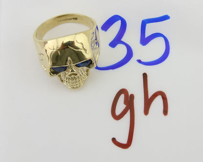 Men 14k SOLID Gold Skull Ring Silica Blue Sapphire Eyes Size 11