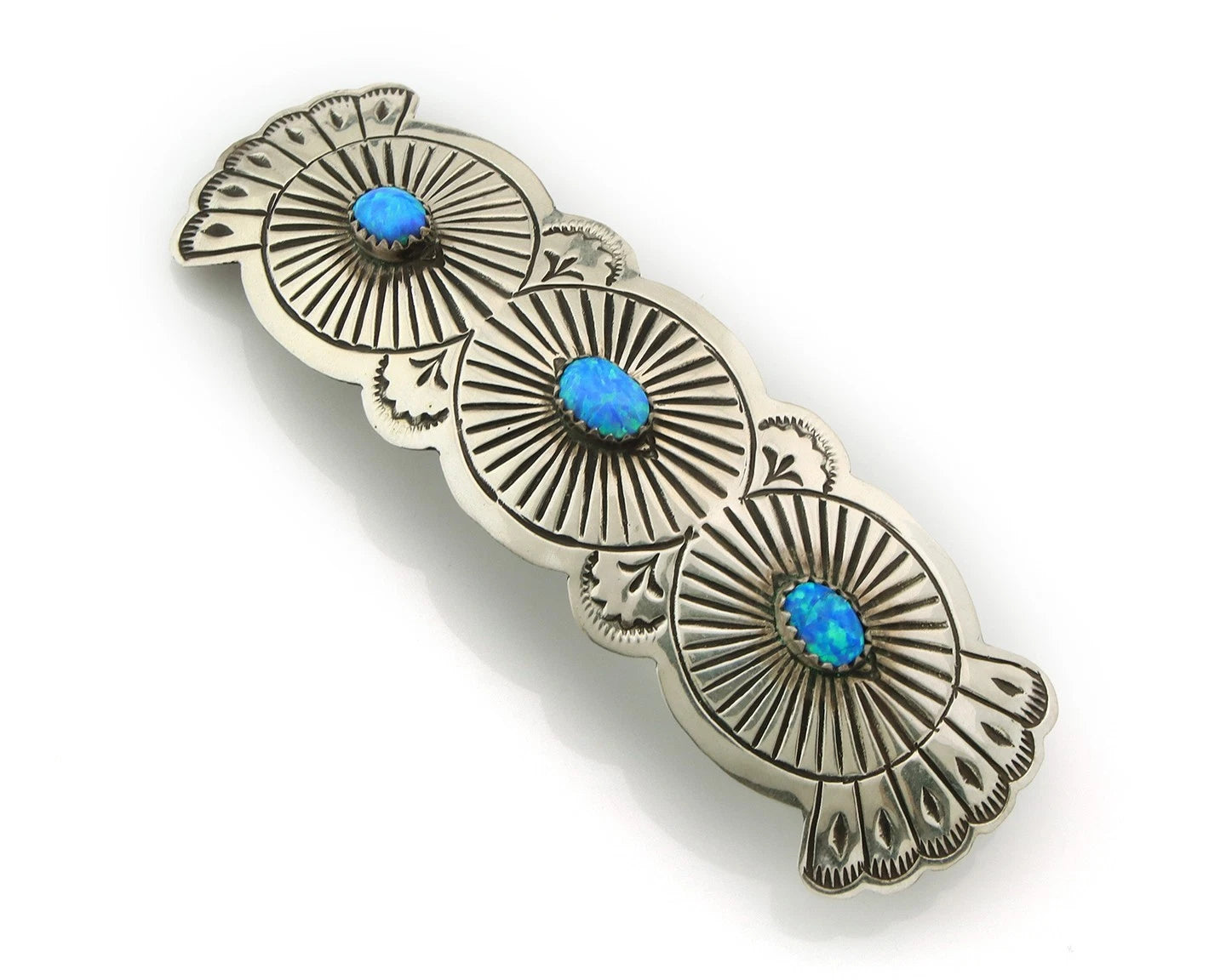 Navajo Barrette Sterling Silver Opal Hand Stamped Vintage Signed B SOCE