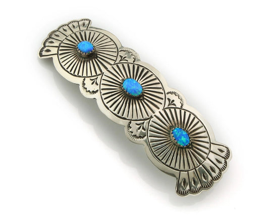 Navajo Barrette Sterling Silver Opal Hand Stamped Vintage Signed B SOCE
