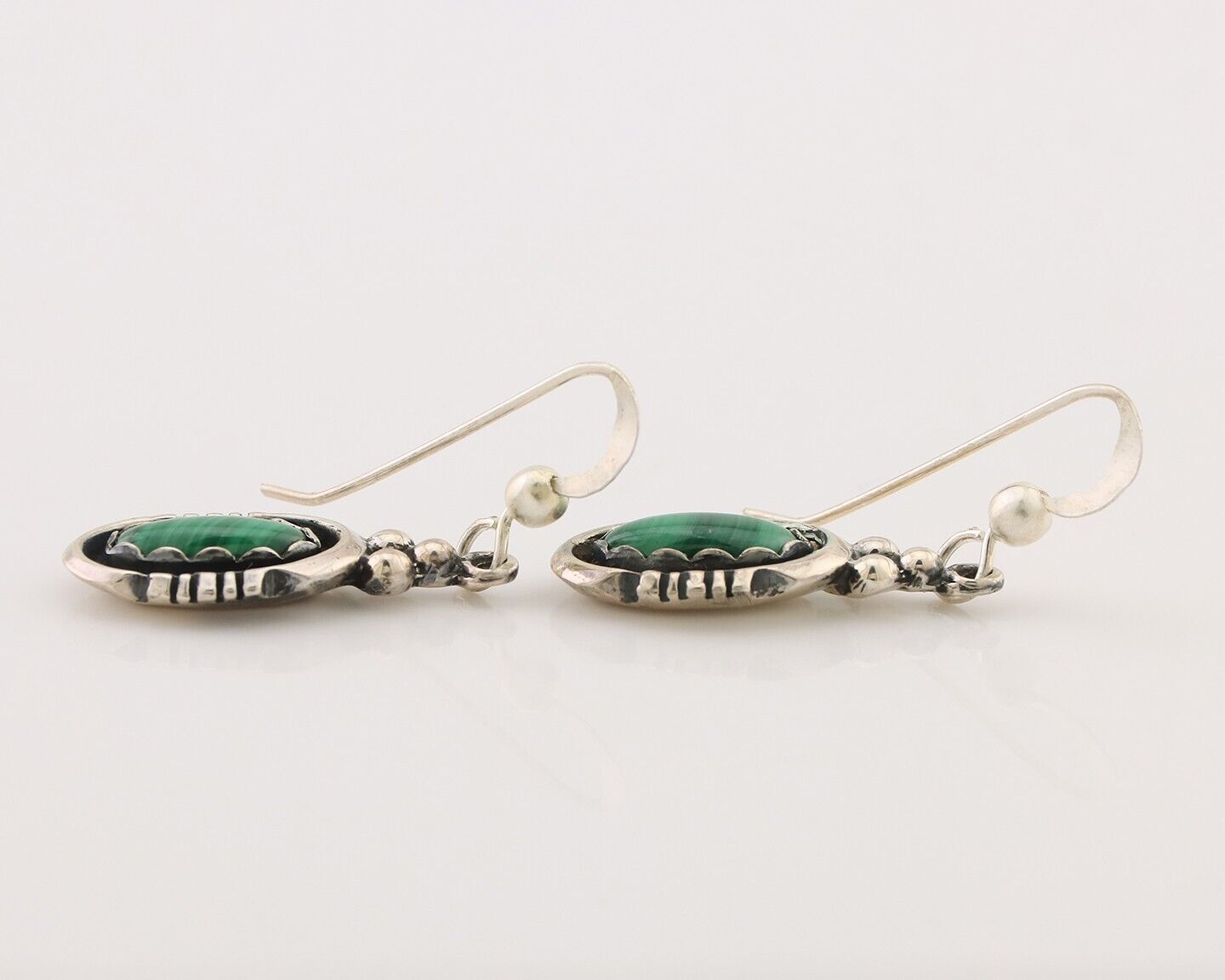 Navajo Dangle Earrings 925 Silver Natural Malachite Native American Artist C.80s
