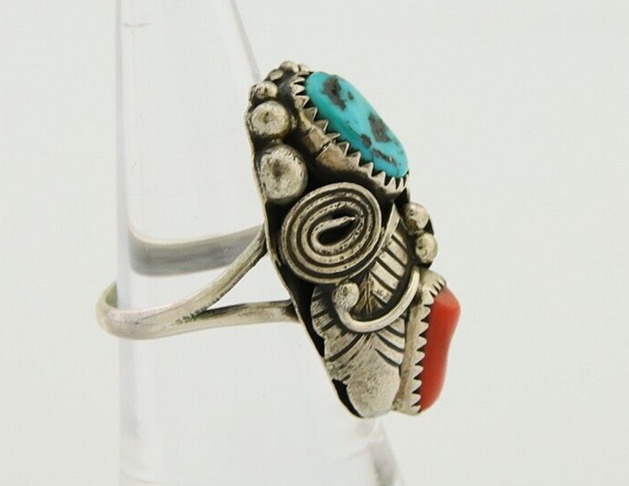 Navajo Handmade Ring 925 Silver Coral & Turquoise Native Artist C.80's