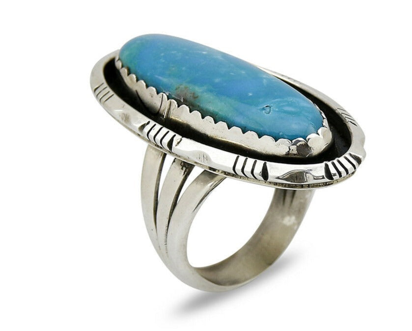 Navajo Museum Quality Handmade .925 Silver Large Natural Blue Turquoise Ring