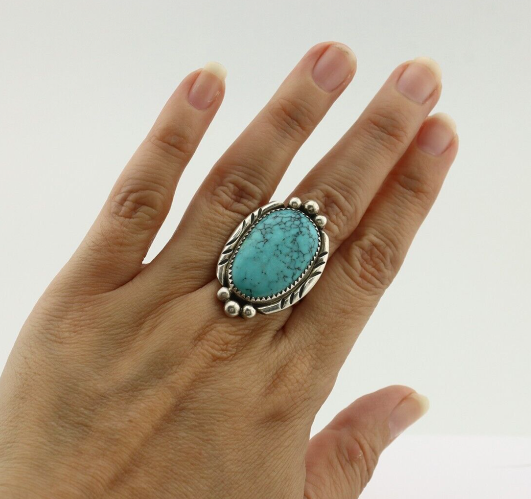 Navajo Ring 925 Silver Natural Spiderweb Turquoise Native American Artist C.80's