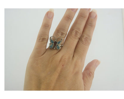 Navajo Ring 925 Silver Inlaid Butterfly Turquoise & Coral C.80's Size 5.0